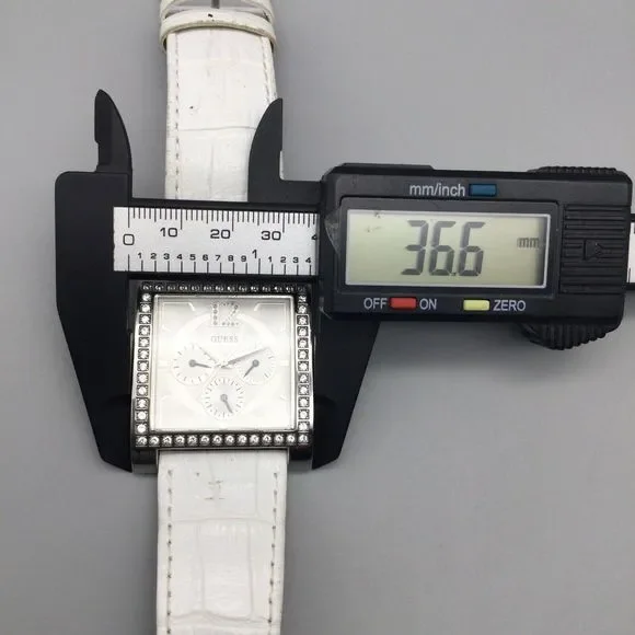 Guess Watch Women Silver Tone 37mm Square Pave White Leather Band New Battery - Picture 11 of 13